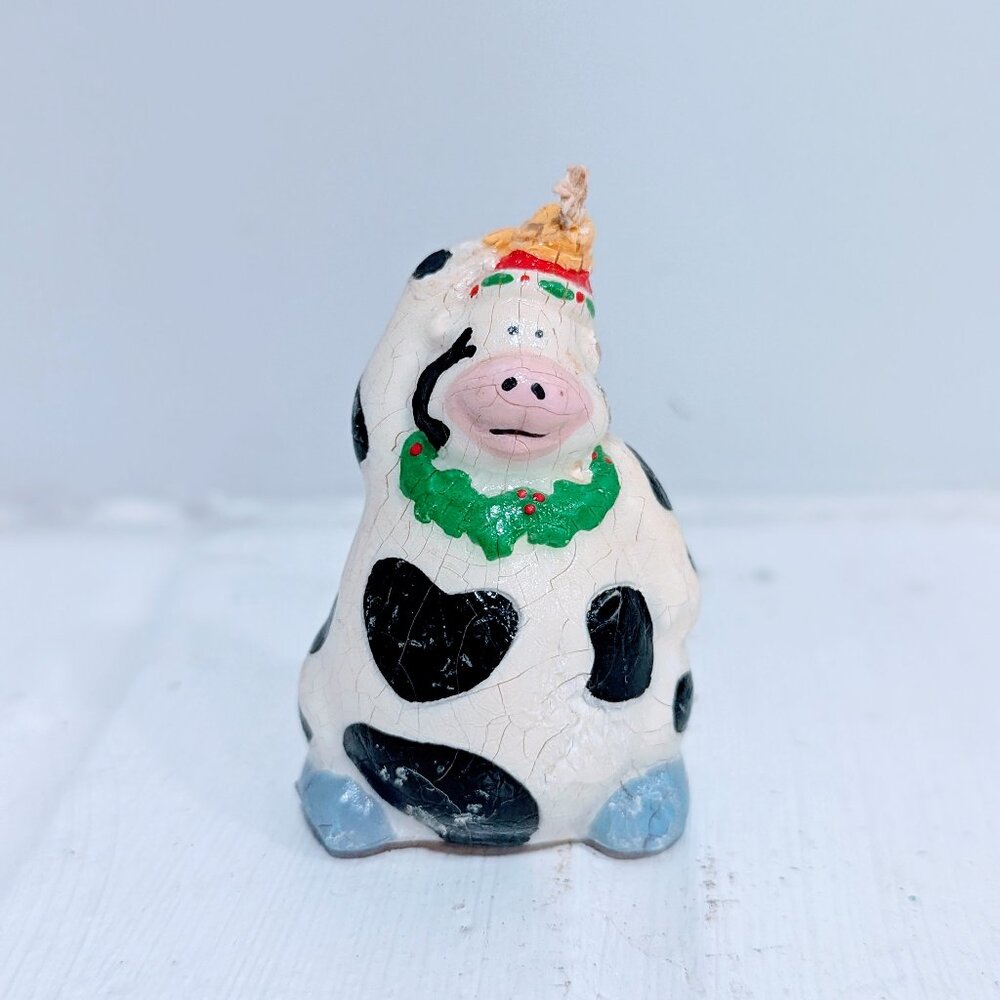 VTG Papel Freelance Christmas Cow Candle 2" Molded Santa Hat Wreath Cottage 90s